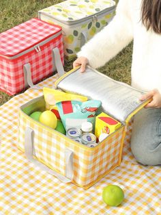 a woman is sitting on the grass with her lunch box