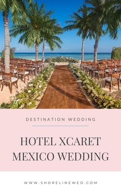 the wedding venue at hotel xcaret in mexico is shown with palm trees and chairs