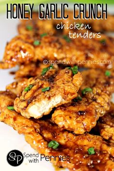 honey garlic crunch chicken tenders on a white plate