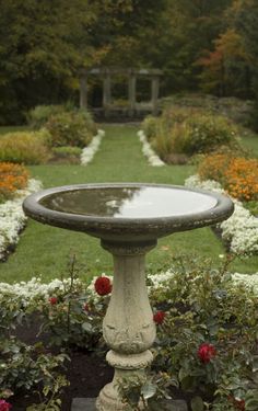 a bird bath sitting in the middle of a garden with flowers and trees around it