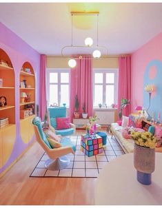 a living room filled with furniture and colorful walls