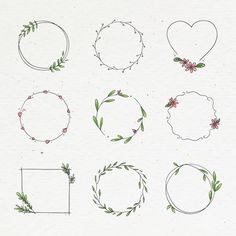 a set of hand drawn wreaths with leaves and berries on the top, surrounded by smaller round frames