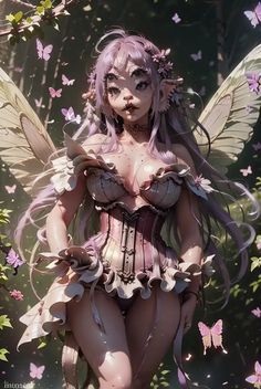 a very pretty girl with wings in the air and butterflies all around her body,