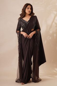 Brown Saree, Farewell Sarees, Draped Saree, Full Sleeve Blouse, Bat Sleeves, Bead Embellishment, Fancy Sarees Party Wear, Lehenga Wedding, Padded Blouse