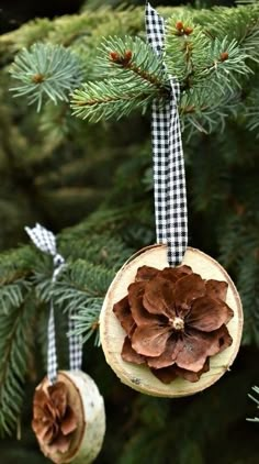 an ornament hanging from a christmas tree decorated with pine cones and plaid ribbon