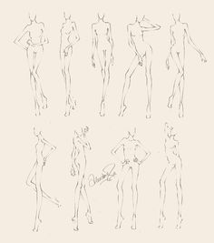 a line drawing of various female mannequins in different poses and positions, all facing the same direction