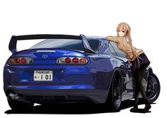 a woman leaning on the hood of a blue sports car with her hands in her pockets