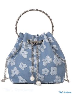 OrcaJump - Womens Top Handle Drawstring Nylon Bag with Floral Print for Daily Use - White, Black, Blue, Pink Blue Jean Purses, Jean Purses, Nylon Flowers, Printed Handbags, Cheap Handbags, Word Wrap, Nylon Bag, Chain Bags, Online Bags