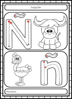 the letter n worksheet with an image of a cow and a bird on it