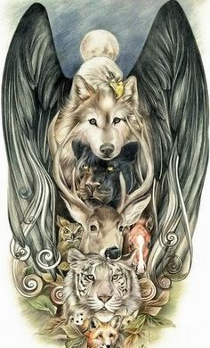 a drawing of an angel with wolfs and lions on it's wings, surrounded by other animals