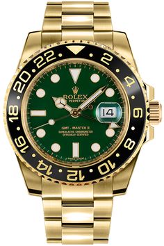 116718 ROLEX MASTER II MEN'S AUTOMATIC GMT LUXURY WATCH Store Display Model (What's This?) - With Manufacturer Serial Numbers - Swiss Made - Green Dial - Index & Dot Hour Markers - Black Cerachrom Insert Ceramic Bezel     24 Hour Engraved Numerals and Graduations on Bezel - Date Feature     Date Window Displayed at 3 O'Clock     Cyclops Lens Over Date     Instantaneous Date Setting Feature - GMT Second Time Zone Feature     Independent Rapid-Setting Hour Hand - Stop-seconds Feature for Precise Time Setting - 48 Hour Power Reserve - Self-winding Automatic Movement     COSC Superlative Chronometer Certified - Rolex Caliber 3186 - Vibrations Per Hour: 28,800 - Jewels: 31 - 6 Year Warranty - Guaranteed Authentic - Certificate of Authenticity - Polished with Brushed Solid 18k Yellow Gold Case - Rolex Watches For Sale, Buy Rolex, Rolex Gmt Master Ii, Swiss Army Watches, Gold Rolex, Rolex Watches For Men, Skeleton Watches, Gold Watch Men, Mens Watches Black