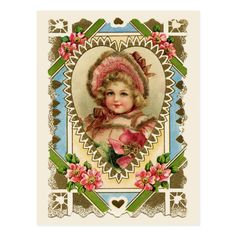 Vintage reproduction postcard with painting of a sweet little Victorian girl surrounded by an ornate floral heart frame. Designed by Simply Vintage by Robin; artwork courtesy of The Old Design Shop. Paper Lace Doilies, Valentine History, Victorian Scrap, Paper Lace, My Funny Valentine, Saint Valentine