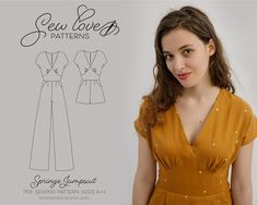 a woman wearing a yellow dress with white polka dots on it and the sewing pattern below her