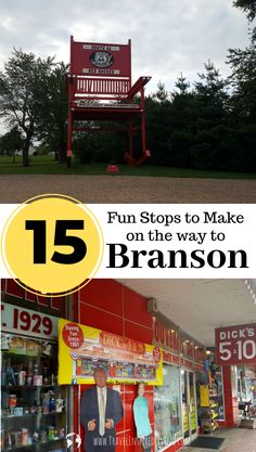 a red bench sitting in front of a store with the words fun stops to make on the way to branon