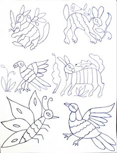 four different drawings of birds and animals