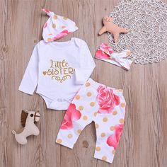 Baby Girls Long Sleeve Letter Top & Floral Pants & Hat & Headband - PrettyKid White Cotton Sets With Matching Headband, Cute Cotton Set With Matching Headband, Pink Cotton Sets With Matching Headband, Hat Headband, Sister Outfits, Cotton Bodysuit, Top Floral, Outfits With Hats