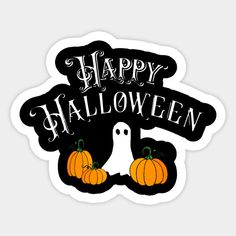 happy halloween sticker with ghost and pumpkins