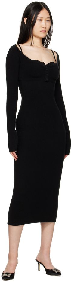 Knit stretch cashmere-blend midi dress. · Sweetheart neckline · Padded and molded cups · Rolled edge hem · Adjustable spaghetti straps · Low back Supplier color: Black Black Long Sleeve Dress, Long Sleeve Maxi, Long Sleeve Maxi Dress, Black Maxi Dress, Jersey Dress, Black Long Sleeve, Day Dresses, Knit Dress, Rib Knit