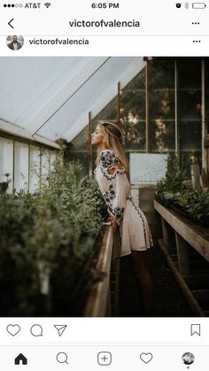 a woman standing in a greenhouse looking up into the sky with plants growing on either side of her