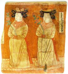 an old painting with two people standing next to each other