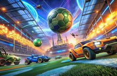 an image of some cars and soccer balls in the air