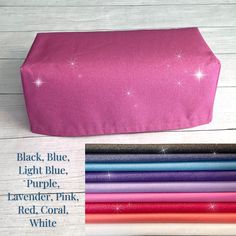 a pink table cloth with white stars on it and the words black, blue, light blue, purple, lavender, lavender, pink, red, coral, coral, coral