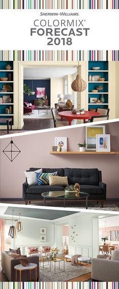 the interior design and color scheme for this modern living room is shown in three different colors