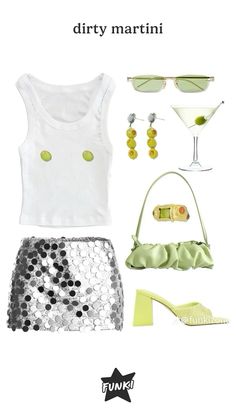 a white top and silver sequin skirt with lime green shoes, sunglasses and accessories