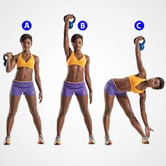 the woman is doing exercises with dumbbells in three different positions, both showing her upper and lower body