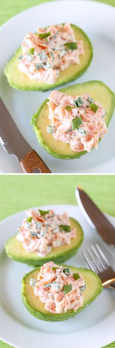 avocado halves with crab salad on them