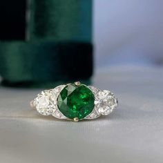 Heirloom Emerald Ring With Center Stone, Heirloom Green Emerald Ring With Center Stone, Antique Emerald Ring With Center Stone, Antique Emerald Diamond Ring With Brilliant Cut, Heirloom Diamond-cut Emerald Ring, Single Diamond Necklace, Estate Diamond Jewelry, European Cut Diamonds, Emerald Engagement Ring