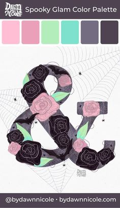 the letter b is decorated with flowers and leaves in black, pink, green, blue,