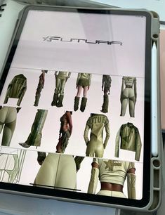 there are many pictures of different types of clothes on this display board in the store