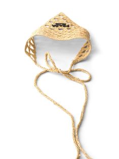 beige/black crochet triangle shape embroidered logo to the front self-tie fastening Raffia Accessories, Embroidered Bandana, Accessories Beach, Knitting Hat, Crochet Bandana, Prada Collection, Crochet Hair Accessories, Contemporary Accessories, Crochet Triangle