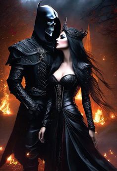 a man and woman dressed in black standing next to each other with flames behind them