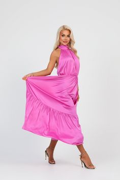 Fitted Pink Sleeveless Wedding Dress, Fitted Pink Sleeveless Dress For Wedding, Pink Sleeveless Dress For Wedding Guest, Sleeveless Pink Maxi Dress For Wedding, Sleeveless Pink Bridesmaid Dress, Sleeveless Satin Gown For Wedding Guests, Pink A-line Maxi Dress For Wedding, Halter Neck Ruffled Maxi Dress For Wedding, Pink Fitted Halter Dress For Wedding