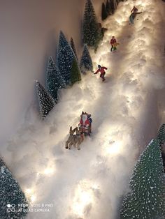 a group of people riding sleds down a snow covered slope next to trees