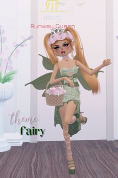 an animated image of a fairy with long blonde hair and green dress holding a wicker basket