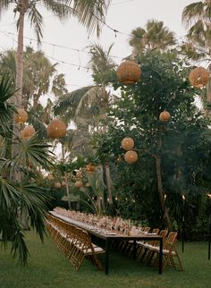 a long table is set up in the middle of some palm trees with hanging lanterns