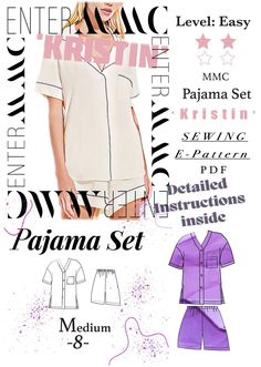 "MMC 'Kristin' Pajama Set {SHORT} Sewing Pattern Instant Download PDF with Detailed Illustrations and Notes by EnterMMC for size medium (8) MMC Pajama Set: Loose-fitted pajamas, unlined, below-the-hip button-up short-sleeve top, front pocket, and mid-thigh short set... EASY-To-Do comfortable, button-up pajama design with a V-neckline [medium size-8]. Very Easy...DETAILED ILLUSTRATIONS, sewing definitions, and NOTES are all included in this PDF, INSTANT DIGITAL DOWNLOAD. 'Kristin' size medium (8), Pajama Fabric OPTIONS: Gauze, Crinkled Gauze, Pima Cottons, Batiks, Velour, and/or Sweatshirt Fleece. Note: Unsuitable for obvious diagonals...allow extra fabric to match plaids or stripes. Notions*: thread, four  [5/8\"] buttons.  Interfacing: 1 yd. of 22\" to 36\" lightweight fusible or nonfusib Short Sewing Pattern, Set Sewing Pattern, Pajama Design, Button Up Pajamas, Style Désinvolte Chic, Mid Thigh Shorts, Couture Mode, Sleep And Loungewear, Sewing Lessons