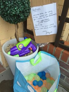 a potted plant with toys in it next to a sign