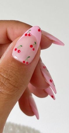 25 Coquette Nails You’re Going to Obsess Over #valentinesdaynailideas Valentines Day Nails Cherry, Pink Nails With Cherries, Heart Cherry Nails, Dopamine Nails, Cherry Heart Nails, Pink Cherry Nails, Design Toenails, Barbie Colors, Croquette Nails