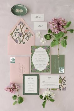 the wedding stationery was done in soft pink, green and white with floral accents