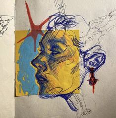 a drawing of a woman's face with blue, yellow and red colors