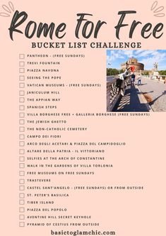 the rome bucket list is shown in pink with black and white writing on it, which reads