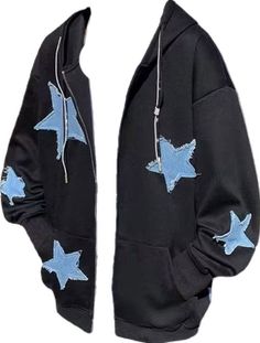 black zip up hoodie with blue denim star patches, aesthetic clothes Y2k Style Sweatshirt With Drawstring Hood And Long Sleeves, Y2k Long Sleeve Sweatshirt With Drawstring Hood, Oversized Y2k Hooded Top, Oversized Y2k Long Sleeve Hoodie, Oversized Y2k Hoodie For Fall, Oversized Y2k Style Hoodie For Fall, Oversized Y2k Style Long Sleeve Hoodie, Y2k Style Long Sleeve Cotton Hoodie, Y2k Style Cotton Hoodie With Long Sleeves