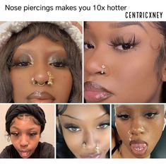 there are four pictures of different women with nose piercings on their faces and noses