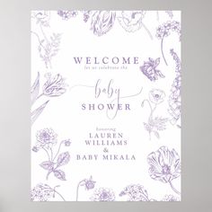 a purple and white baby shower with flowers on the cover is displayed in front of a gray wall