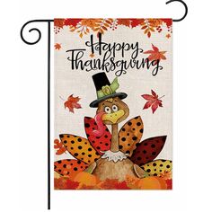 a happy thanksgiving flag with a turkey wearing a top hat and polka dotes on it