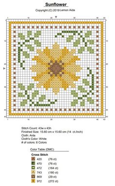 a cross stitch pattern with the words sunflower in yellow and brown, on it